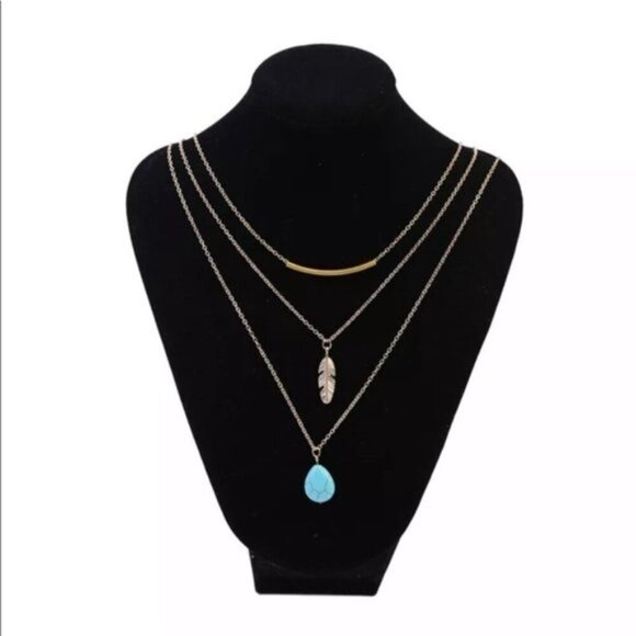 Gold Feather & Turquoise Layered Necklace - Picture 2 of 2